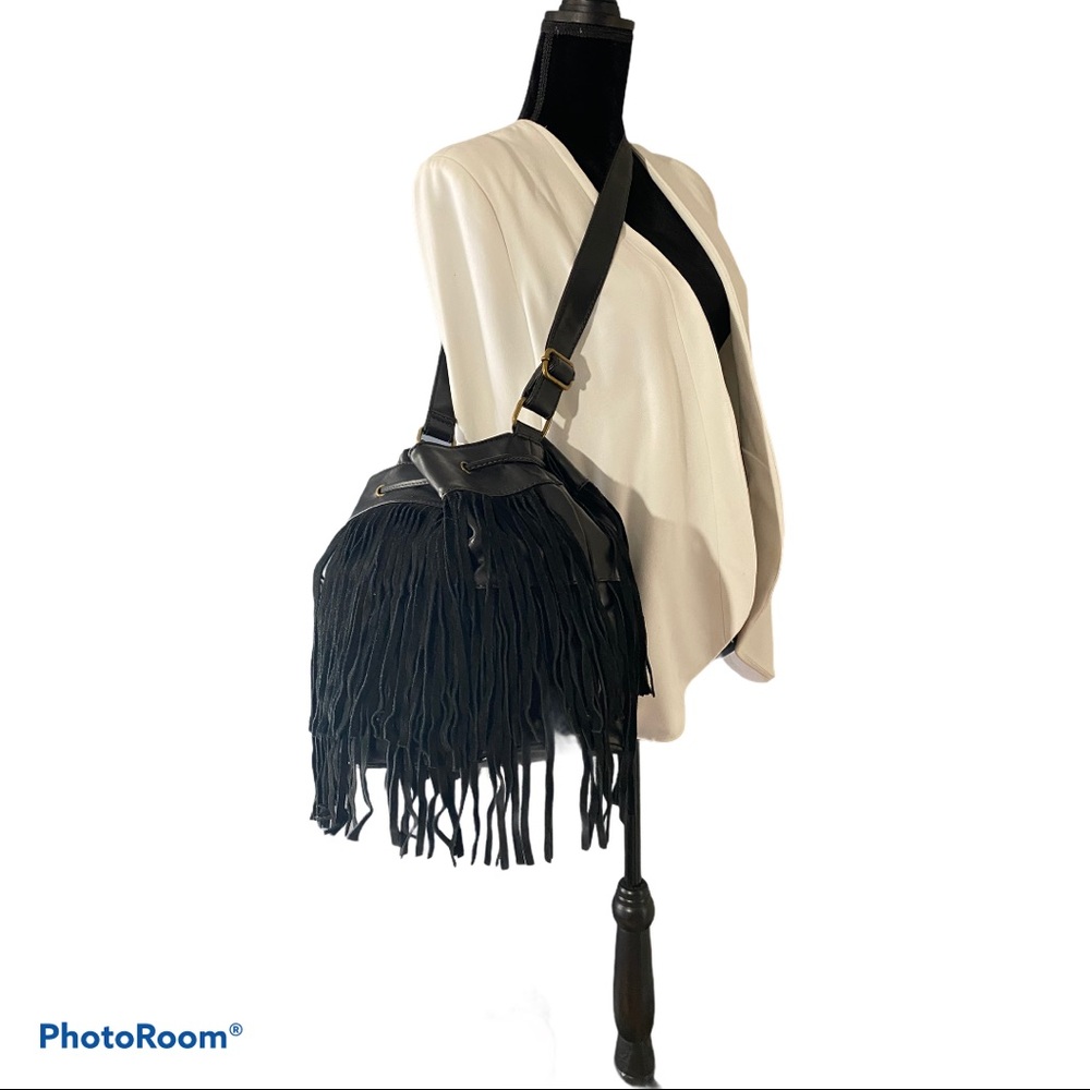 Drawstring suede trim fringe bag